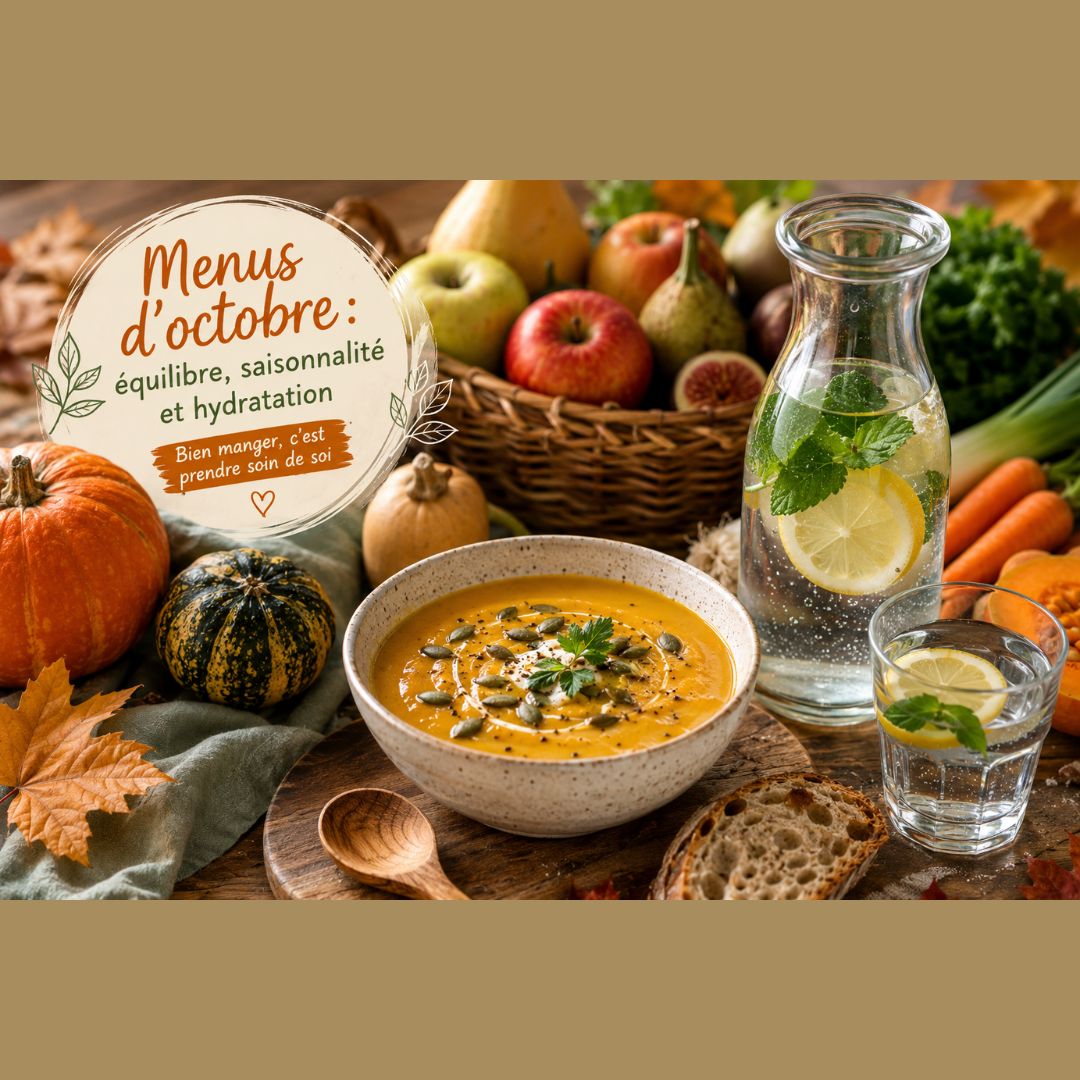 Soupe de potimarron d'automne, carafe d'eau au citron et panier de fruits pour illustrer des menus d'octobre équilibrés et de saison.