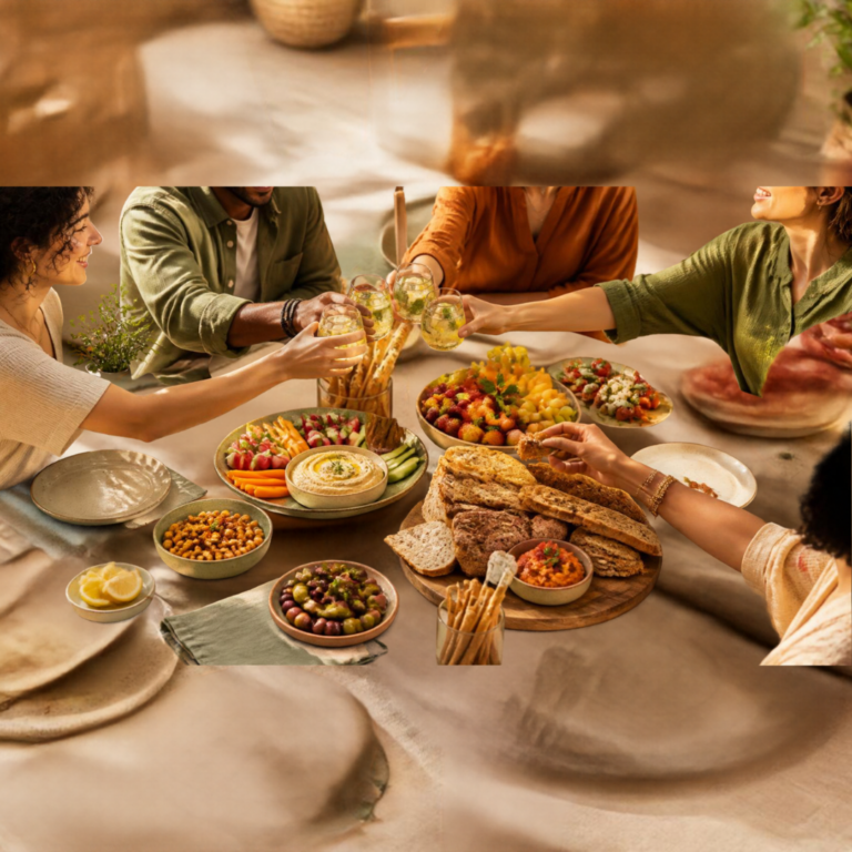 Groupe d'amis trinquant autour d'un apéritif convivial composé de mezzés méditerranéens, houmous, pain artisanal et fruits frais.