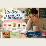 Infographie sur la nutrition et la santé mentale présentant les 5 erreurs alimentaires de la rentrée qui nuisent au moral : l'excès de sucre, les repas sautés, les produits ultra-transformés, la déshydratation et une alimentation insuffisante. Illustrée par une femme fatiguée d'un côté et un bol repas équilibré de l'autre, l'image promeut une alimentation saine, l'organisation et le bien-être intérieur pour retrouver énergie et sérénité.