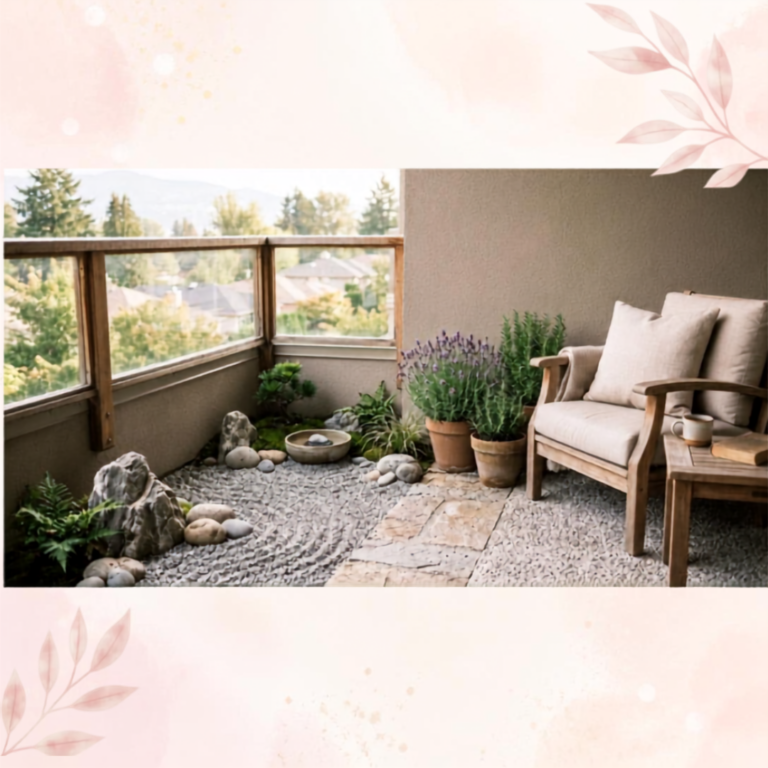 Aménagement de balcon zen au style japonais minimaliste avec gravier ratissé, fauteuil en bois, pots de lavande et romarin.