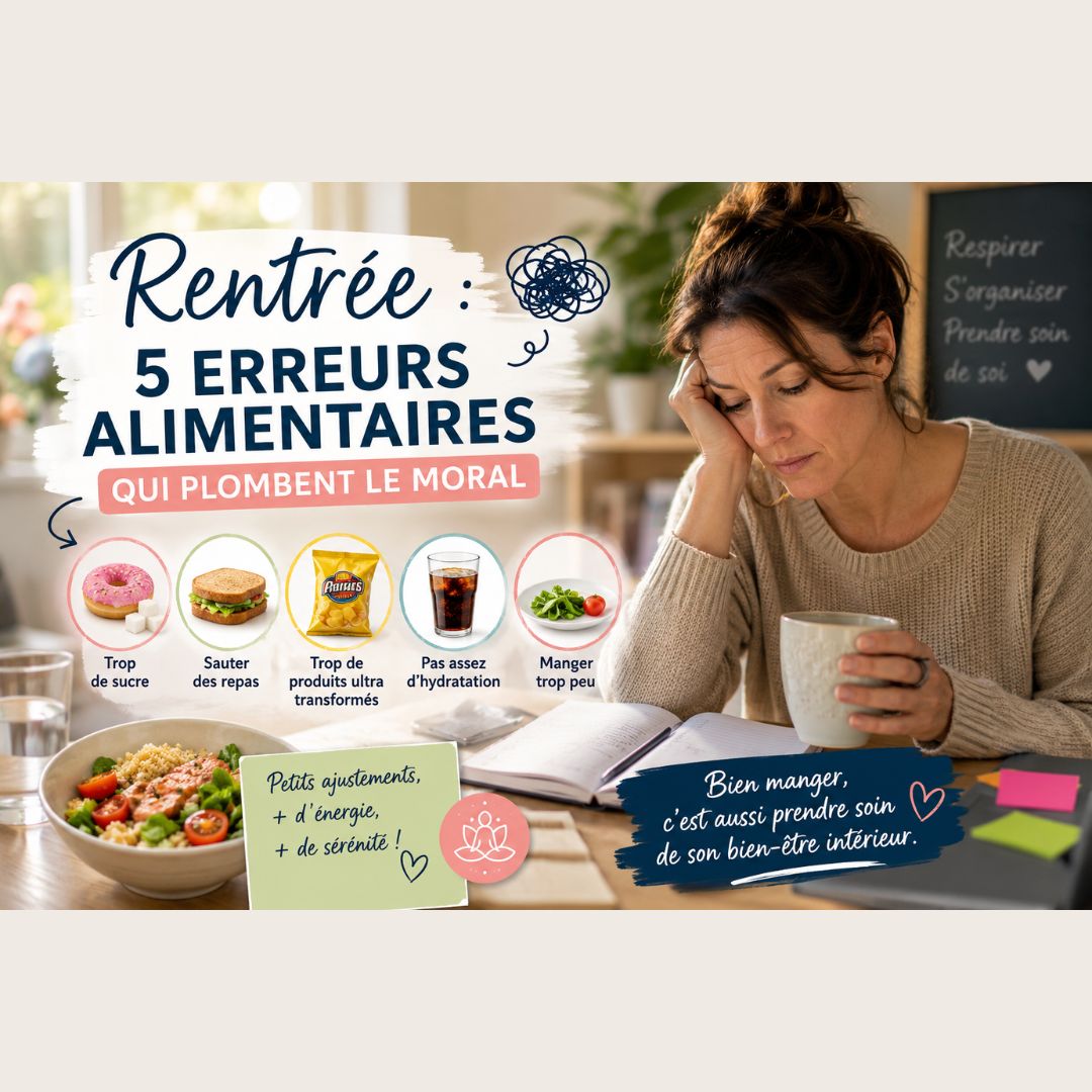 Infographie sur la nutrition et la santé mentale présentant les 5 erreurs alimentaires de la rentrée qui nuisent au moral : l'excès de sucre, les repas sautés, les produits ultra-transformés, la déshydratation et une alimentation insuffisante. Illustrée par une femme fatiguée d'un côté et un bol repas équilibré de l'autre, l'image promeut une alimentation saine, l'organisation et le bien-être intérieur pour retrouver énergie et sérénité.