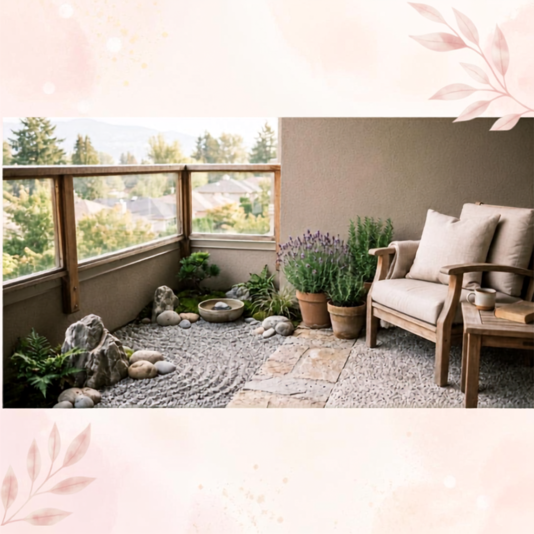 Aménagement de balcon zen au style japonais minimaliste avec gravier ratissé, fauteuil en bois, pots de lavande et romarin.
