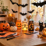Table en bois décorée pour Halloween avec des photophores en bocal en verre, de petites citrouilles peintes, une guirlande de chauves-souris en papier et du matériel de bricolage.