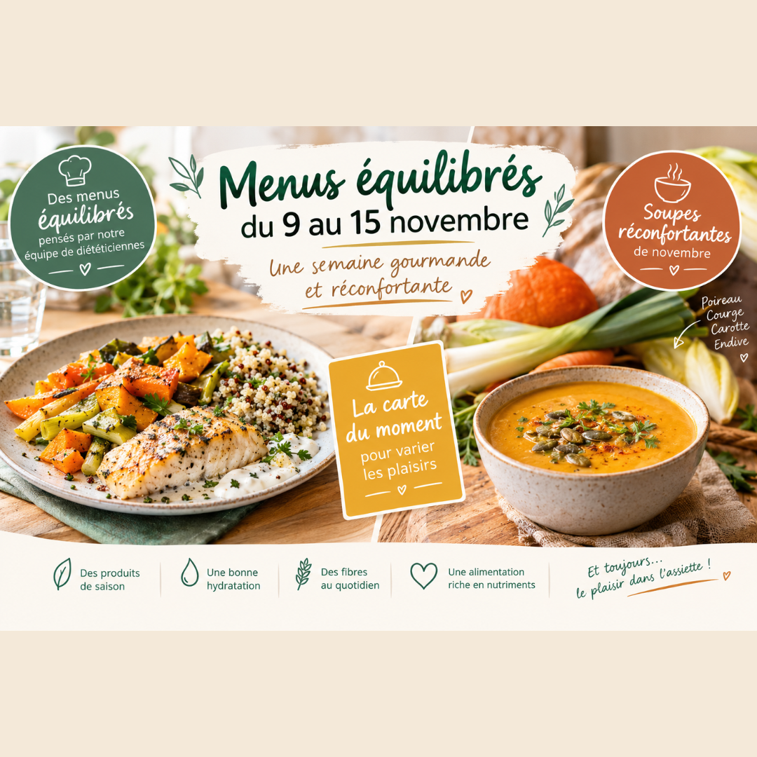 Assiette de poisson grillé aux légumes de saison et bol de soupe réconfortante de novembre élaborés par des diététiciennes