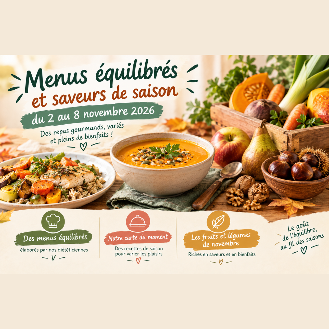 Visuel promotionnel pour des menus équilibrés de la semaine du 2 au 8 novembre 2026, mettant en avant des plats chauds de saison, un bol de soupe au potiron et des ingrédients automnaux.